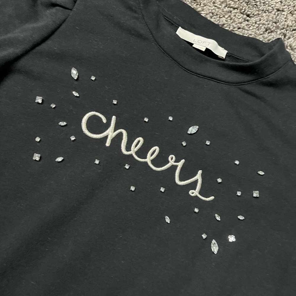 The Loft “Cheers” Sweatshirt Black Women’s Size Small Rhinestone Bling - Picture 2 of 4